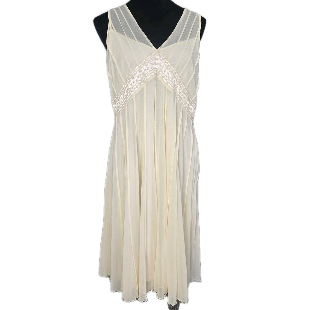 Ethereal Beaded Chiffon Midi Dress 18 Cream Wedding 20s Party Angel Goddess